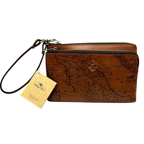 Patricia Nash Handbags - Patricia Nash Varone Fullgrain Leather Wristlet Signature Map Print Brown Clutch